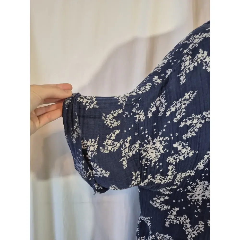 Free People Belezza Babydoll Floral Printed Blue Cotton Mini Dress Large